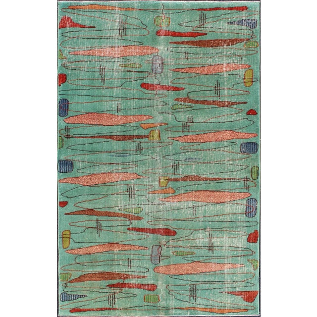 Vintage Rug in Abstract Modern Design in Light Teal Background by Keivan Woven Arts For Sale - Image 4 of 9