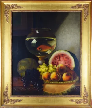 19th C Still Life With Fruit & Goldfish by Morston Constantine Ream
