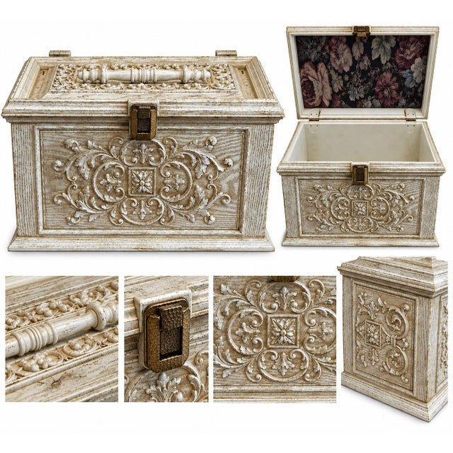 Max Klein vintage ornate plastic sewing box with molded handle, metal latch, and floral-lined lid. This charming vintage-...