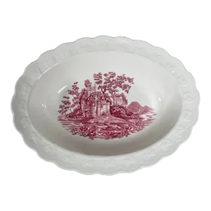 1970s Taylor, Smith Pink Castle Oval Vegetable Bowl - Dark Pink English Scenes, Garland Shape