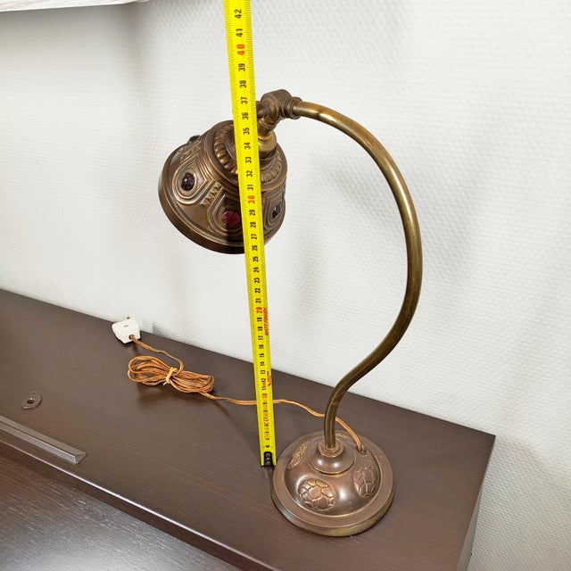 Glass Antique Art Deco Jeweled Brass Gooseneck Desk Lamp With Ruby Glass Cabochons, Circa 1920s For Sale - Image 7 of 9