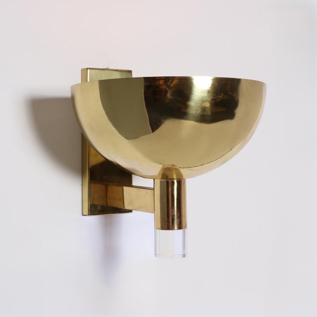 1980s Late-20th Century Pair of Large Scale Brass and Lucite Sconces. For Sale - Image 5 of 6
