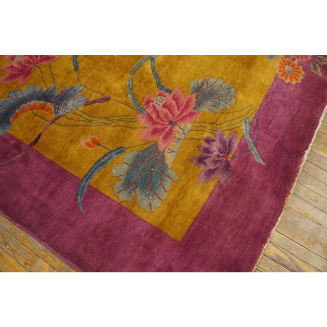 1920s Yellow Canary Floral Antique Chinese Art Deco Carpet 8' 10'' X 11' 4'' Knotted Wool Rug For Sale - Image 12 of 12