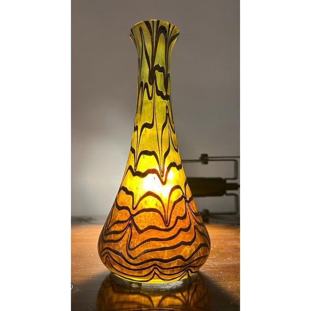 Central European manufacture - Art Nouveau iridescent glass vase Etched and iridescent glass vase with a straw yellow...