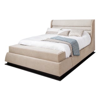 Handcrafted Italian King Bed With Velvet and Nabuck Leather Upholstery For Sale