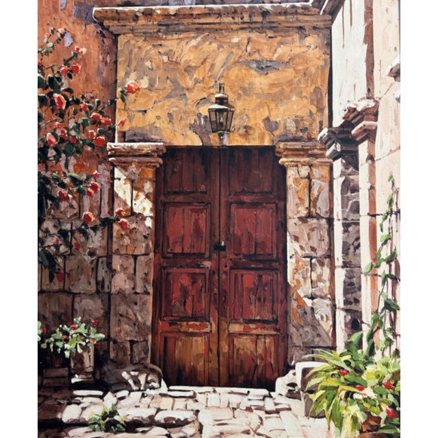 A richly textured original oil painting depicting a sun-washed Mediterranean-style courtyard centered by a pair of...