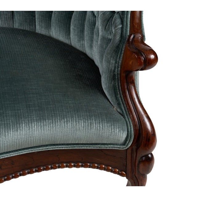 Antique 19th Century Button Tufted Velvet and Mahogany Settee - 57" X 26" X 35" For Sale - Image 4 of 5