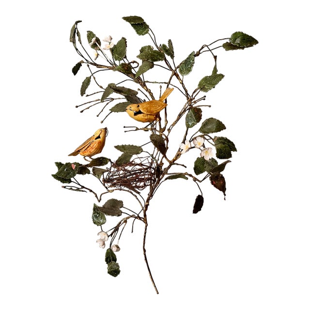 Vintage Metal Wall Sculpture of Songbirds in Blossoming Branches With Nest For Sale