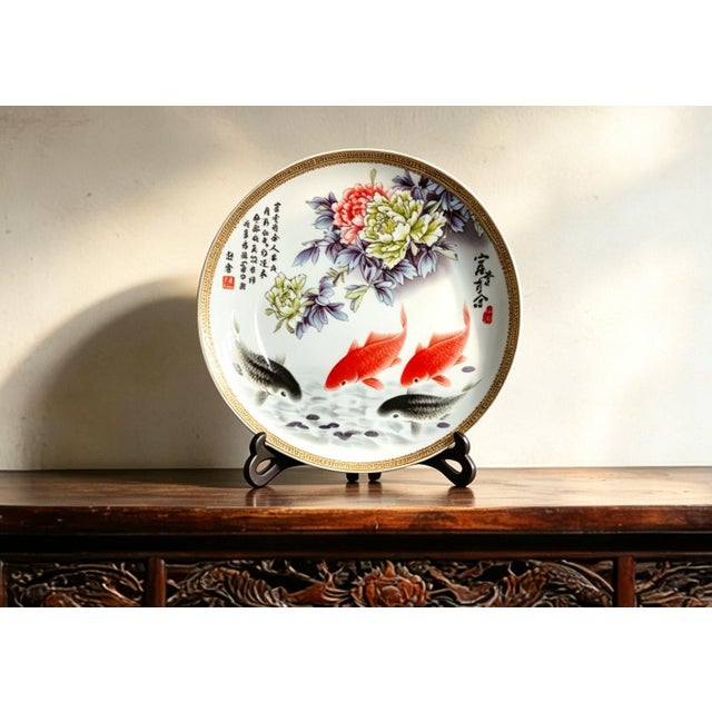 Art Deco Chinese Ceramic Plate,Famille Rose Porcelain Plate Hand Painted Flowers and Fish Pattern For Sale - Image 3 of 11