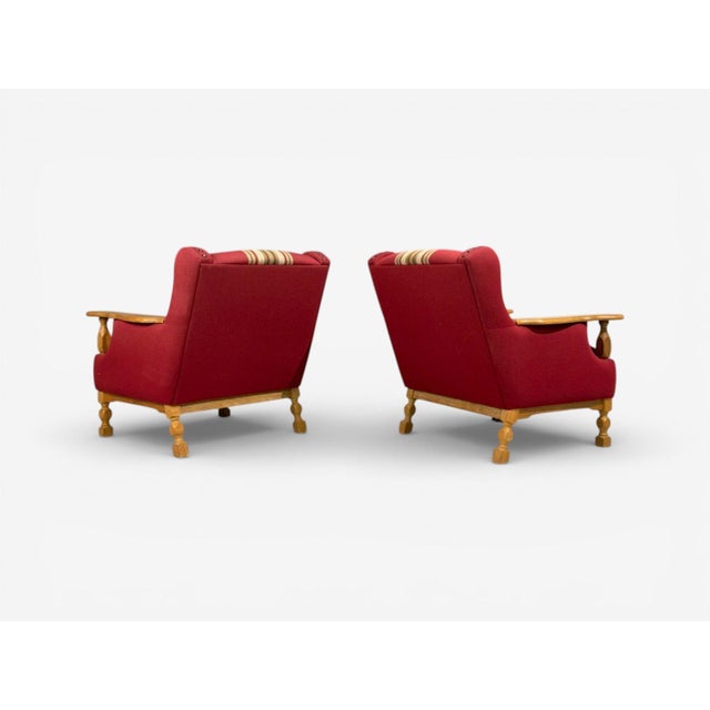 Henning Kjærnulf Style, Lounge Chairs, Red Fabric, Oak, Denmark, 1960s For Sale - Image 10 of 11