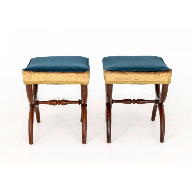 Wood Empire Style Velvet Upholstered Curule Stools, Pr. For Sale - Image 7 of 8