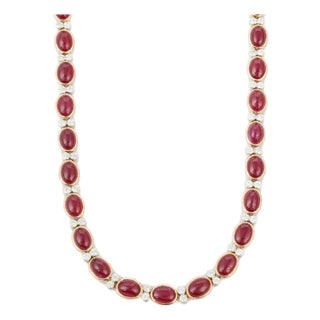 Certified 17 Carat Ruby and Diamond 18k Yellow Gold Tennis Necklace For Sale
