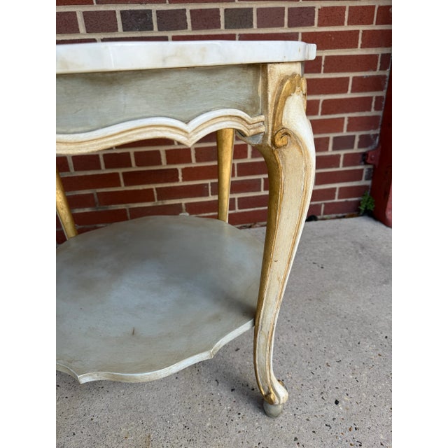 Wood Vintage Hand-Painted Pale Blue & Marble Newly Painted Two-Tier Accent Table by Turtle and Crane - Italian Rococo Style For Sale - Image 7 of 13