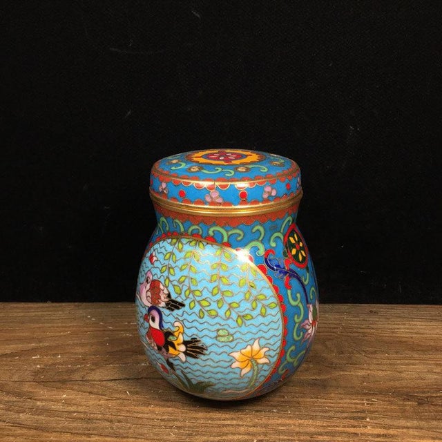 Mid 20th Century Vintage Chinese Cloisonné Enamel Cricket Jar With Mandarin Ducks and Lotus Motif For Sale - Image 5 of 9