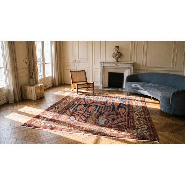 Navy Blue 1900s Blue Navy Rustic Cypress Trees Antique Persian Bakhtiari Rug 4' X 5' Handknotted Wool Carpet For Sale - Image 8 of 9