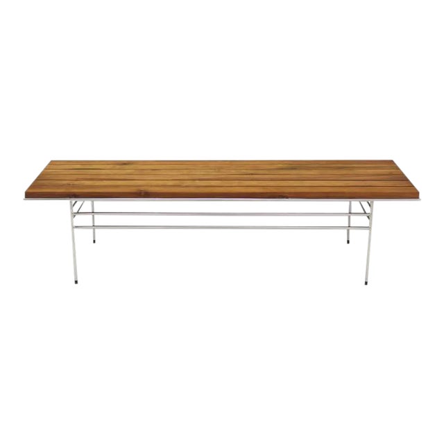 Modern Solid Oiled Slat Wood Top Chrome Bench For Sale