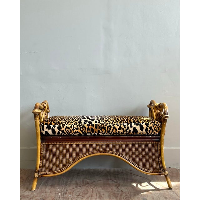 Vintage Coastal Woven Rattan Leopard Bench For Sale - Image 4 of 8