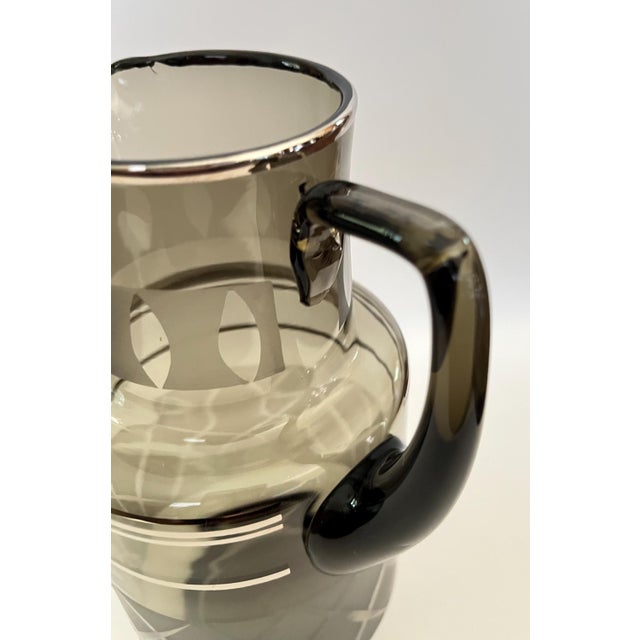 Mid-Century Modern Mid Century Bar Pitcher, Smoky Glass with Etching and Silver For Sale - Image 3 of 7
