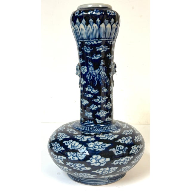 Pair of Late Qing Blue & White Porcelain Garlic-Neck Vases, Lion Mask Handles For Sale - Image 10 of 14