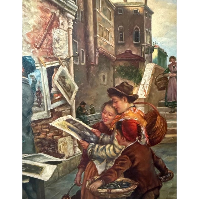 Vintage a Tucker Venetian Street Artist Selling Art Realism Oil Painting on Wood For Sale - Image 13 of 14