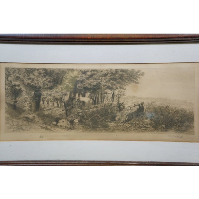 Antique Hc Rost Signed Hunt Theme Forest Elk Stag Landscape Etching 31" For Sale - Image 6 of 11