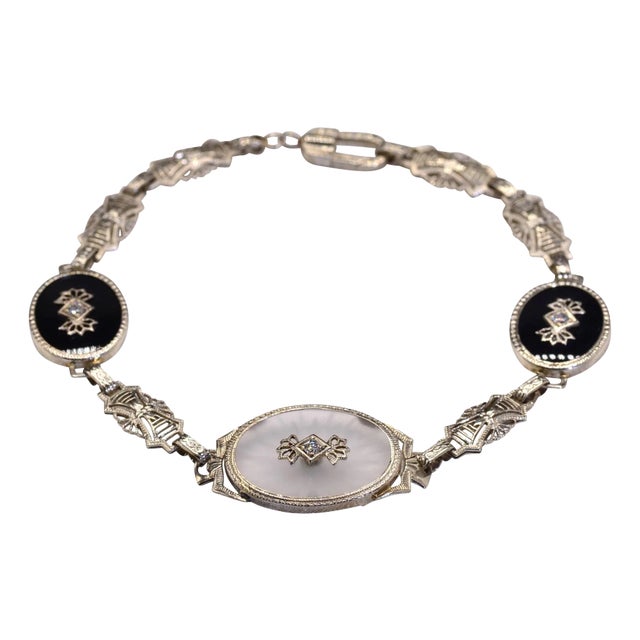 The 48th Street: Antique Art Deco Camphor Glass Bracelet set with Diamonds and Onyx For Sale