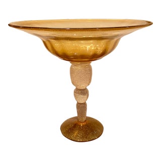 1980s Murano Style Glass Centerpiece Pedestal Bowl With Gold Leaf Speckles For Sale
