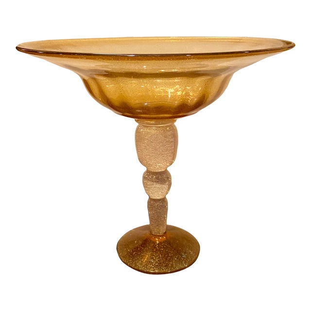 1980s Murano Style Glass Centerpiece Pedestal Bowl With Gold Leaf Speckles For Sale