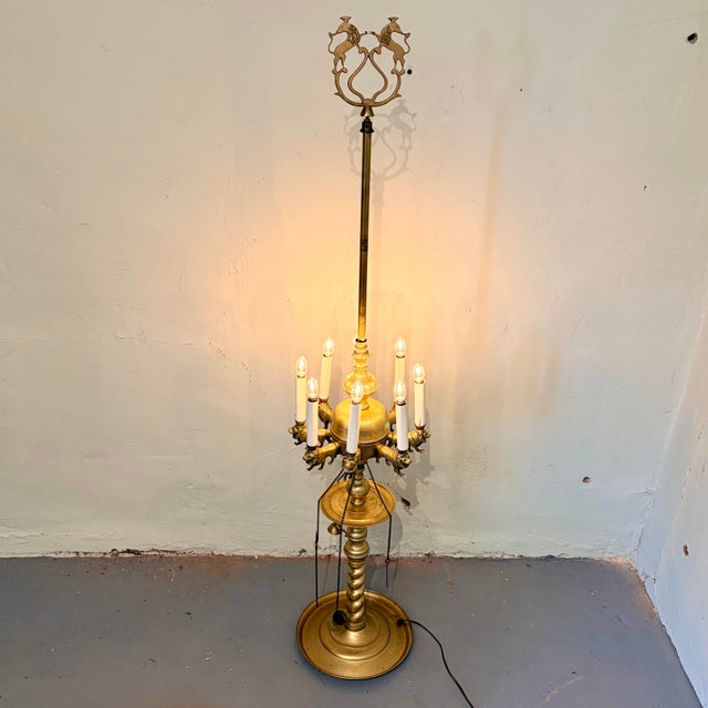 Early 20th Century Antique Moorish Revival Lion Motif Brass Eight-Light Figural Lamp, Circa 1900 For Sale - Image 5 of 12