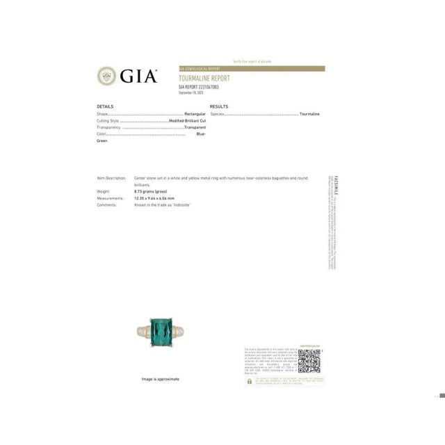 GIA Certified Rectangular Cut Blue-Green Indicolite Tourmaline and Diamond 18K G, Size 7.25 For Sale - Image 9 of 9