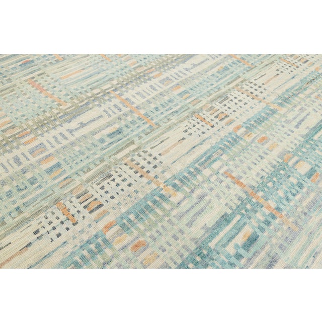 Modern Abstract Plaid Wool Area Rug in Pastel Aqua, Sage & Warm Terracotta 9x12 For Sale - Image 9 of 12