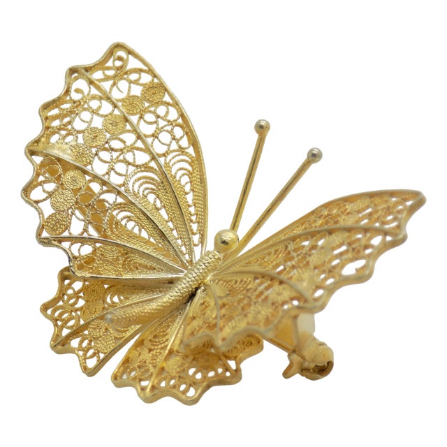 Vintage Italian Gilded Silver 800 Filigree Butterfly Brooch, Genoa, 1970s For Sale