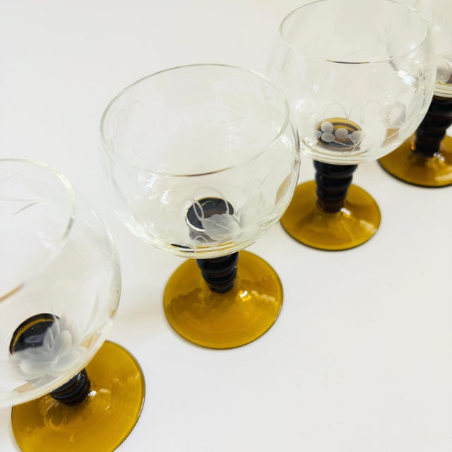 Glass Etched German Roemer Coupe Wine Glasses With Amber Ball Stems - Set of 4 For Sale - Image 7 of 8