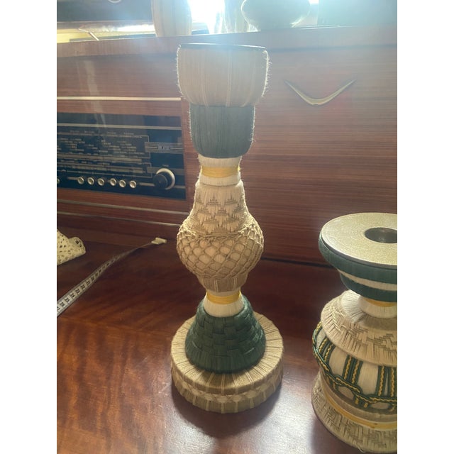 Set of 3 Discontinued Miho Unexpected Things Sculptural Ceramic Candlesticks With Textile Trimmings For Sale - Image 4 of 6