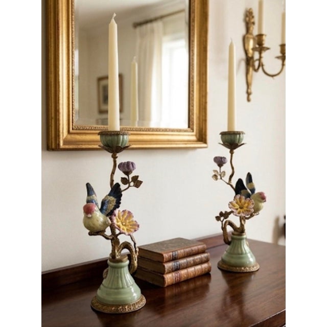 Pistachio Pair of Vintage French-Style Porcelain and Ormolu Bird Candlesticks For Sale - Image 8 of 11