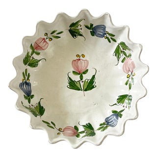 Vintage Handmade and Hand Painted Terra Cotta Scalloped Edge Bowl For Sale