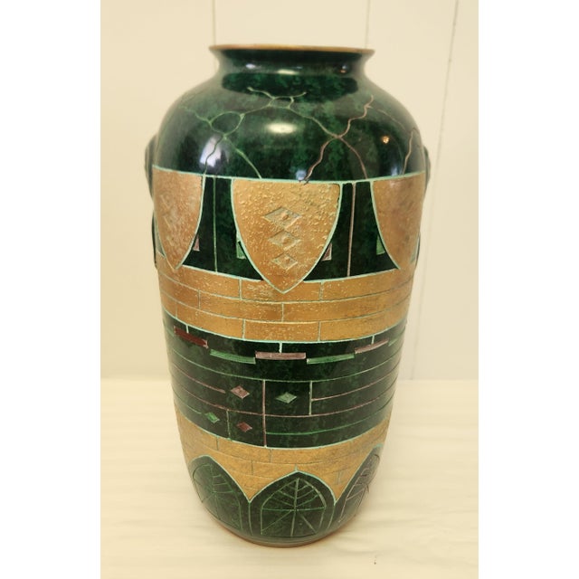 large 17 1/2" floor vases, vintage 1980s, Postmodern Egyptian Art Deco style, green marbled ceramic with textured gold...