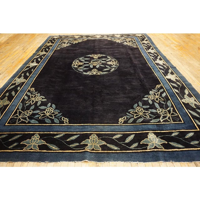 Splendid Navy Blue Color With Sky Blue Color Florid Design Antique Chinese Peking Rug For Sale - Image 10 of 12