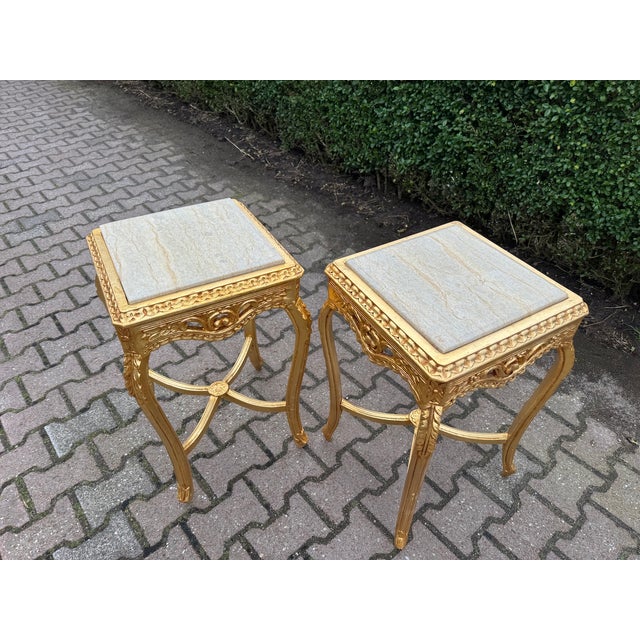 French 1970 French Louis XVI Gold Beech Marble Side Tables - Pair of 2 PCS For Sale - Image 3 of 11