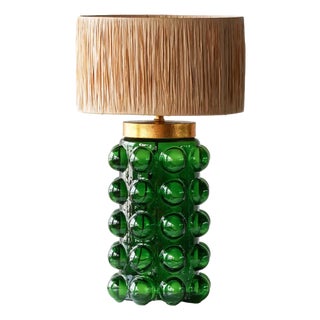 Matthew Izzo Home Retro Bubbles Emerald Green Table Lamp With Raffia Weave Shade For Sale