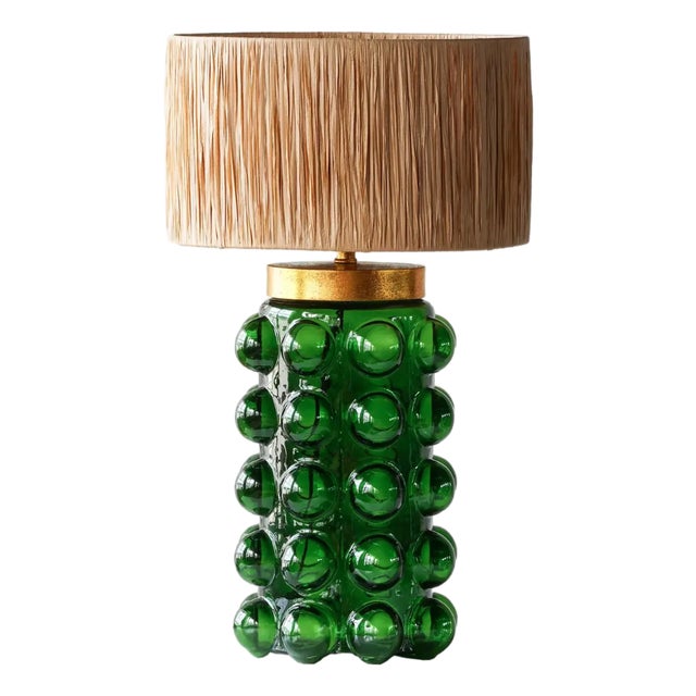 Matthew Izzo Home Retro Bubbles Emerald Green Table Lamp With Raffia Weave Shade For Sale