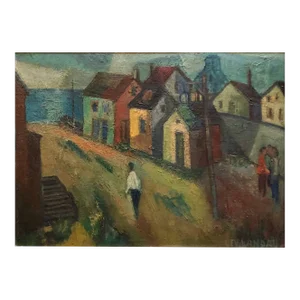 Samuel David Lev-Landau, WPA Period "Coastal Village" American Modernist Realism Oil Painting