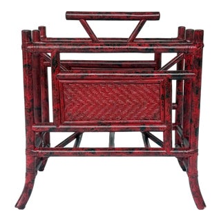 Chic Vintage Vermillion Red Faux Tortoiseshell Pagoda Magazine Vinyl Record Rack - Newly Painted For Sale