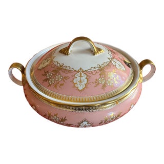 Aynsley Pink & Gold Foliage English Bone China Porcelain Soup Tureen or Vegetable Serving Dish For Sale