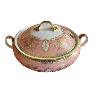 Aynsley Pink & Gold Foliage English Bone China Porcelain Soup Tureen or Vegetable Serving Dish