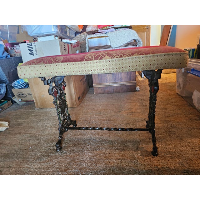 Late 19th Century Antique 19th Century Victorian Ornate Cast Iron Parlor Bench With Patchwork Jacquard Cushioned Seat For Sale - Image 5 of 8