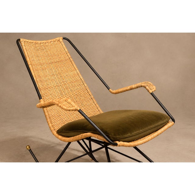 Carlo Hauner Brazilian Modern Rocking Chair in Metal, Wicker & Green Mohair by Carlo Hauner, 1950s For Sale - Image 4 of 18