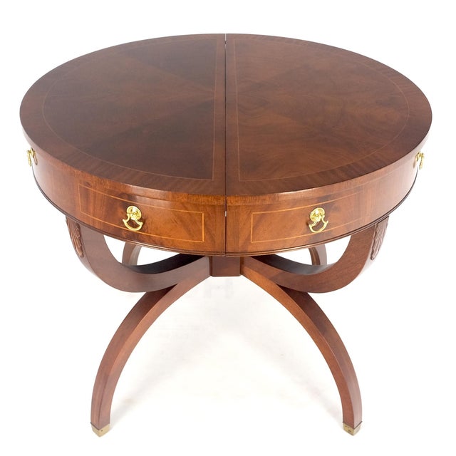 Brown Round Mahogany Single Pedestal Drum to Duning Table w/ 2 Extension Boards Mint For Sale - Image 8 of 12