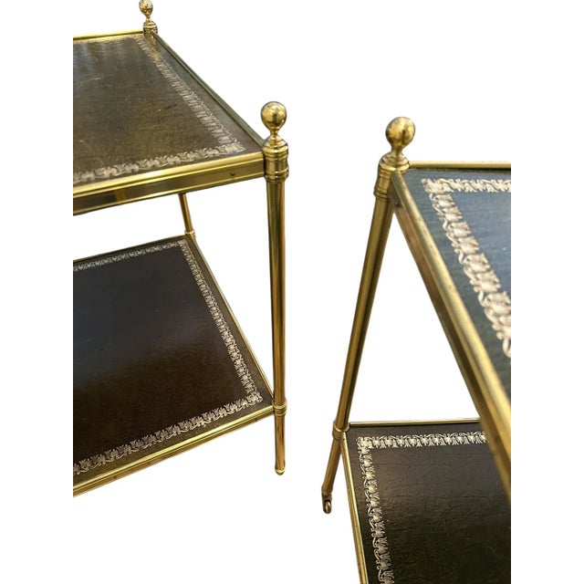 Pair of Brass and Green Leather Tooled Two-Tiered Side Tables For Sale In New York - Image 6 of 18