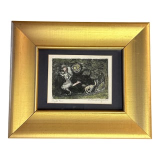 1990’s Original Dog Chasing Girl Etching by Marcia Wilson “Night Run” For Sale